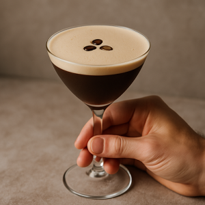 Main tenant un verre de coupe rempli d’Espresso Martini avec mousse dense et trois grains de café en décoration.