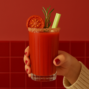 Verre de cocktail Bloody Mary tenu à la main, garni d’une tranche de tomate séchée, d’un brin de romarin et d’un bâtonnet de céleri, sur fond rouge uni.