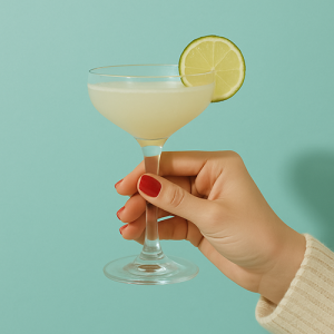 Main tenant un verre à cocktail de type coupe contenant un Daiquiri, garni d’une tranche de citron vert, sur fond turquoise pastel.