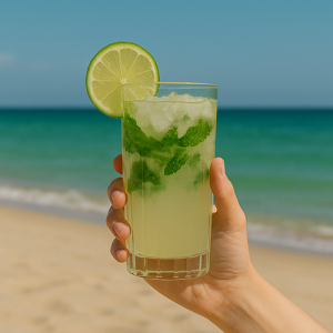 Main tenant un verre de Mojito garni de feuilles de menthe et d’une rondelle de citron vert, avec la plage et l’océan en arrière-plan.
