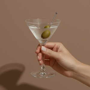 Main tenant un verre à Martini garni de deux olives vertes sur un pic en métal, sur fond taupe.