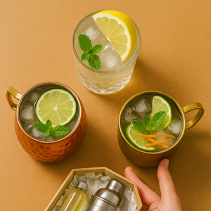 Vue du dessus de trois verres de Moscow Mule différents : un mug cuivré, un mug doré et un verre taillé, garnis de citron vert, citron jaune, menthe et zestes.