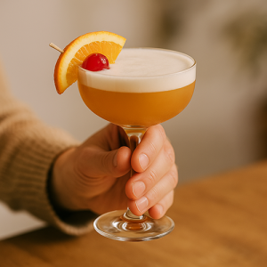 Main tenant un verre d’Amaretto Sour garni d’une tranche d’orange et d’une cerise, avec belle mousse sur le dessus.