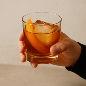 Main tenant un verre Old Fashioned avec gros glaçon, whisky ambré et zeste d’orange sur fond sobre.