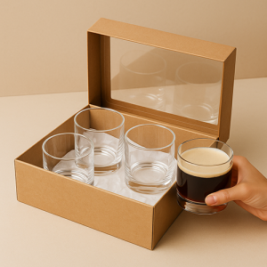 Boîte en carton kraft avec couvercle transparent contenant quatre verres Old Fashioned en verre épais de 30 cl, sur fond beige, avec une main tenant un verre rempli de cocktail foncé.