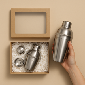 Boîte en carton kraft ouverte avec fenêtre transparente, contenant un shaker à cocktail en inox démonté en 3 pièces (base, filtre, bouchon) sur papier frisotté blanc, avec une main tenant le shaker assemblé.