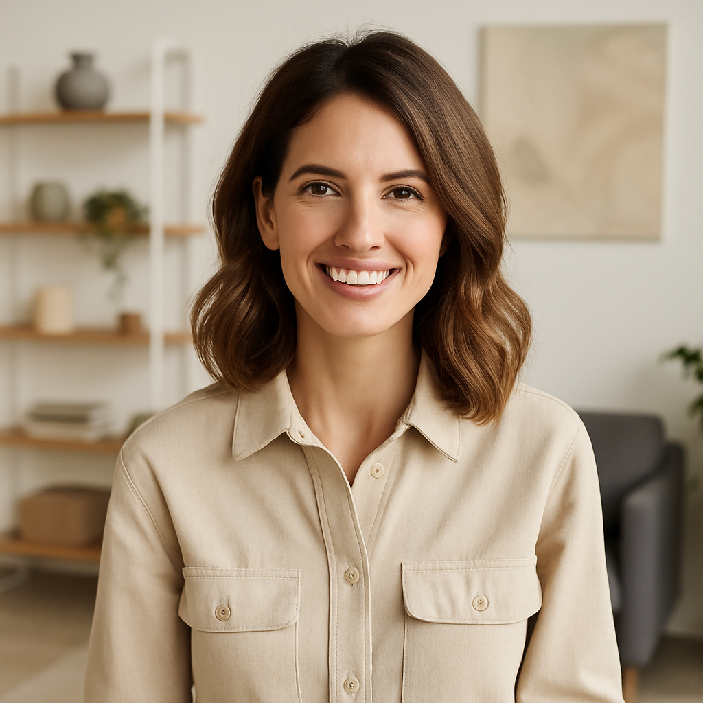 Portrait d’une jeune femme souriante aux cheveux châtains ondulés, portant une chemise beige, dans un intérieur moderne lumineux au style épuré.