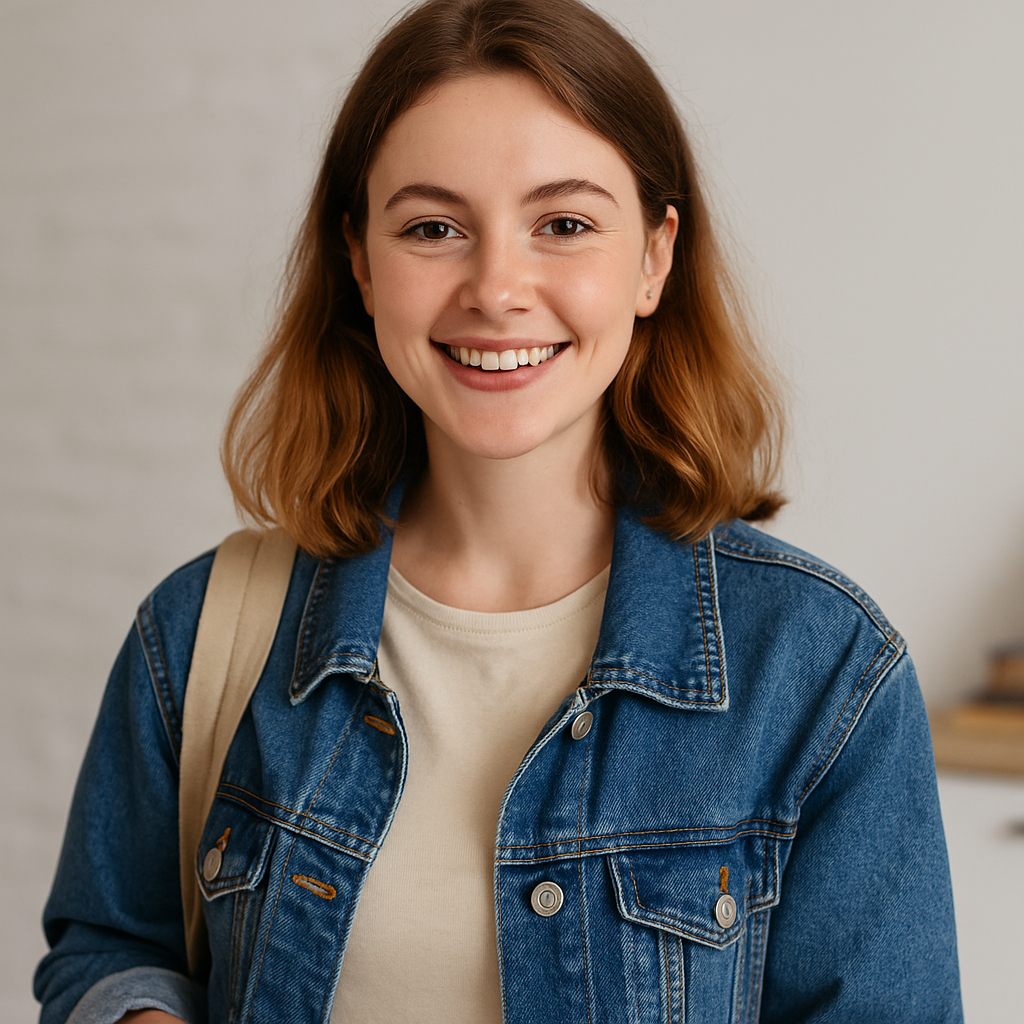 Portrait d’une jeune femme souriante aux cheveux châtains clairs, veste en jean et t-shirt beige, avec un sac à dos, sur fond neutre chaleureux.