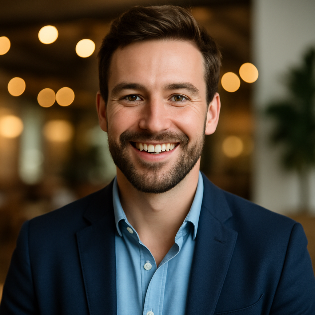Portrait d’un jeune homme souriant, barbe courte, cheveux bruns coiffés, en veste bleu marine et chemise bleue, sur fond tamisé avec guirlandes lumineuses.