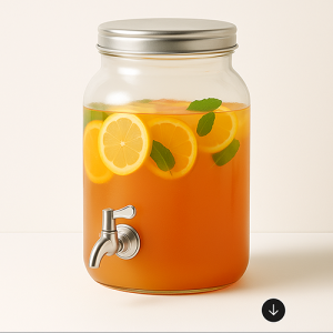 Distributeur de boissons en verre transparent avec couvercle et robinet argenté, rempli de citronnade aux tranches de citron, orange et feuilles de menthe, sur fond blanc.