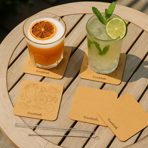 Vue du dessus d’une table ronde en terrasse avec 4 sous-verres carrés en liège marqués « Cocktail. » et décorés de motifs fruits d’été en faible opacité ; deux sous-verres supportent un Mojito et un cocktail orange avec tranche d’agrume séchée.