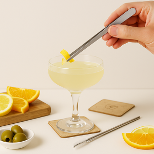 Main utilisant une pince à fruit en inox pour déposer un zeste de citron sur un cocktail jaune, entourée de tranches d’agrumes et d’olives sur planche et assiette blanche.