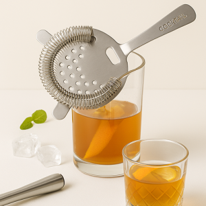 Passoire Hawthorne en inox posée sur un shaker Boston, prête à filtrer un cocktail orange dans un verre à pied, avec quelques zestes d’agrumes sur la table.