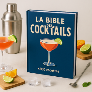 Livre "La Bible des Cocktails" avec couverture bleu, titre noir, posé sur fond blanc avec shaker, verre et citron en décoration.