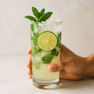 Main tenant un verre long drink rempli de Virgin Mojito avec glaçons, menthe et citron vert sur fond clair.