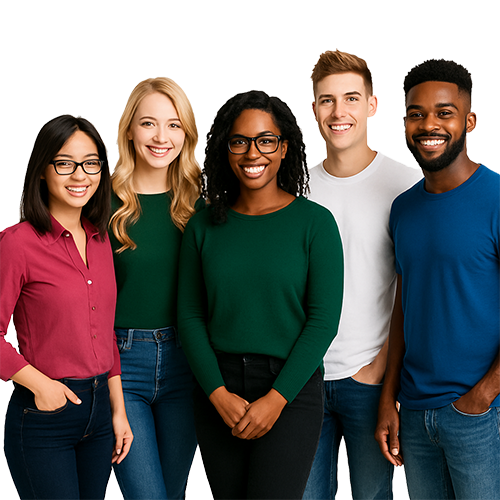 Cinq personnes souriantes posent devant un fond blanc, illustrant l’équipe Kit à Cocktail.