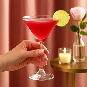 Un verre de Virgin Cosmo rose vif, posé sur une table élégante avec une touche d’agrumes, devant un fond aux teintes pastel.
