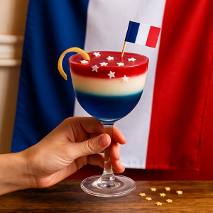 Coffret en bois ouvert contenant les ingrédients du cocktail “La Marseillaise Liquide”, tenu par deux mains.