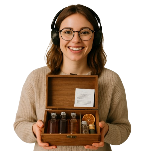 Femme souriante tenant une boîte de kit à cocktails ouverte, prête à conseiller les clients.