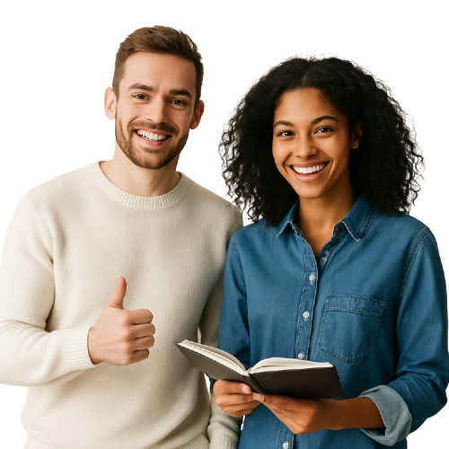 Jeune homme souriant prêt à répondre aux questions, sur fond blanc.
