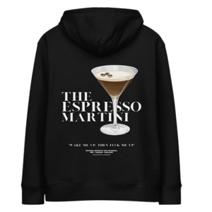 Hoodie noir présenté à plat avec grand visuel de verre Espresso Martini et texte au dos « The Espresso Martini ».