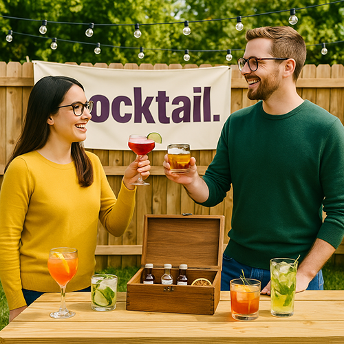 Un homme et une femme trinquent avec des cocktails devant une table et un coffret ouvert, bannière "cocktail." en arrière-plan.